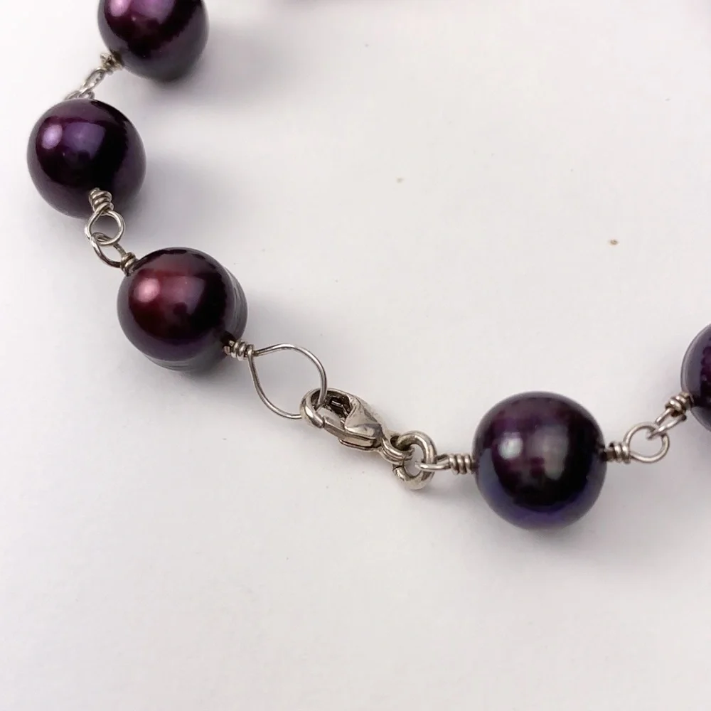 Freshwater Pearls Sterling Bracelet 925 Silver Handcrafted 9-10mm Purple Plum